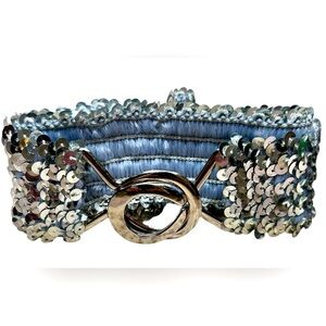 Silver Sequinned stretchy belt with silver buckle, L, Disco Dance Party Festival